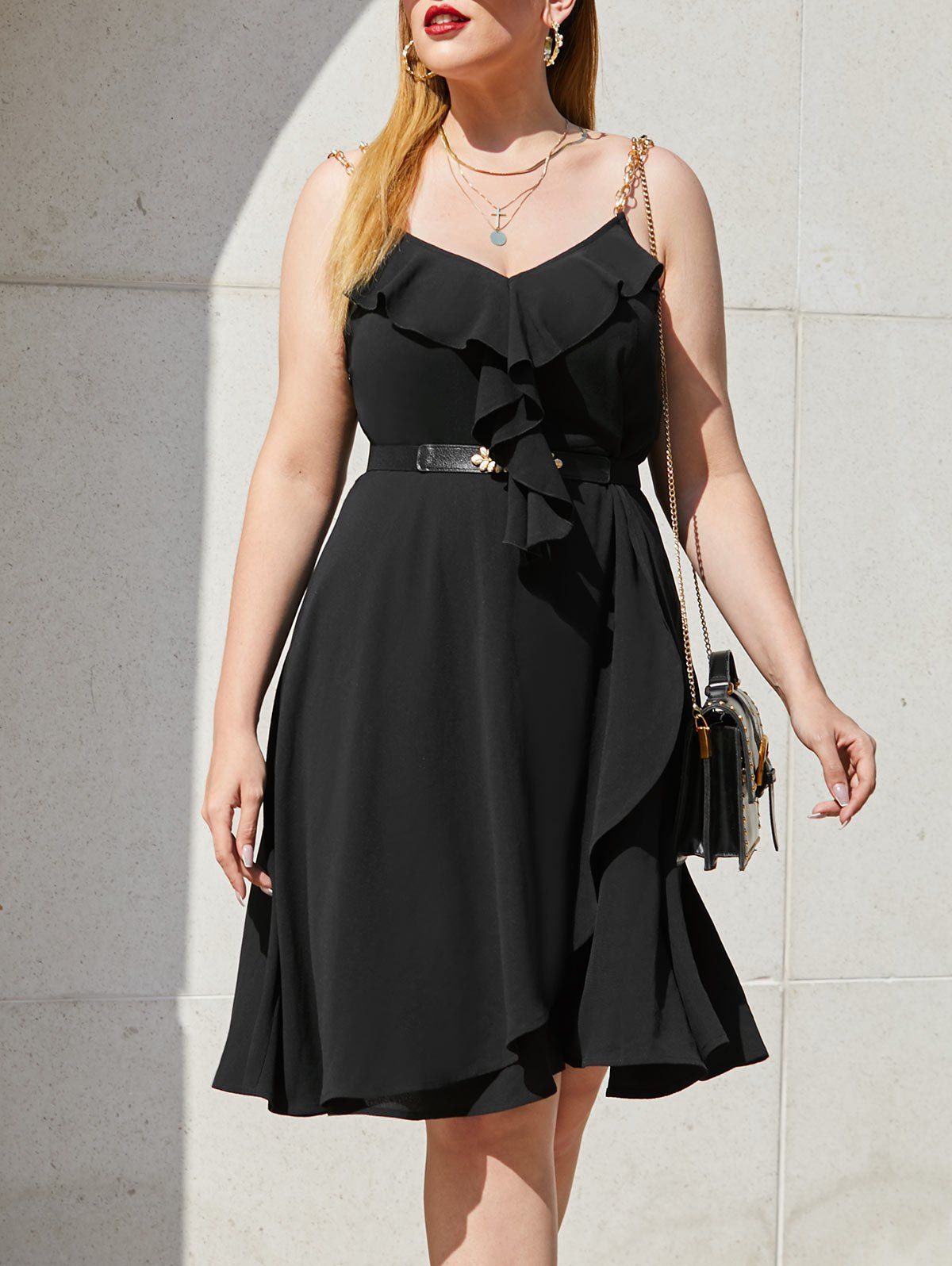 Plus Size Ruffle Sleeveless Chain Strap Overlap Dress - BLACK 1X