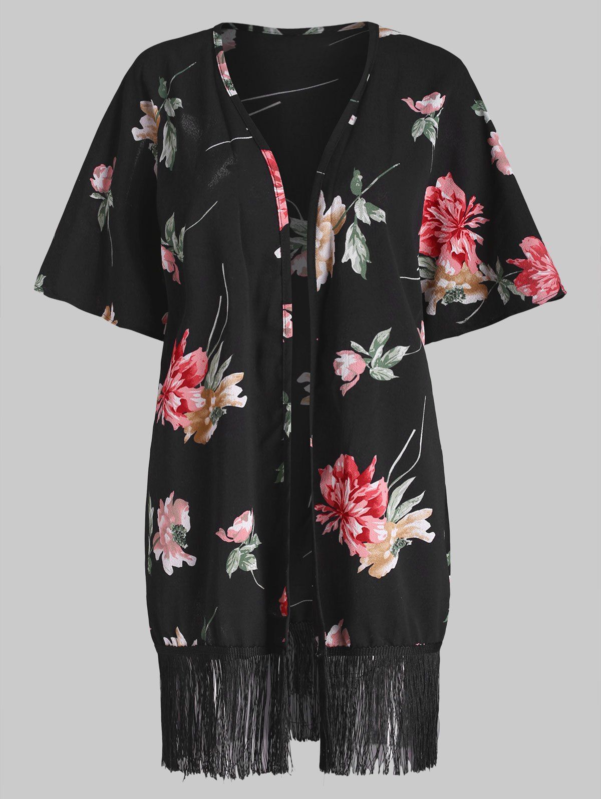 Textured Fringed Floral Kimono - BLACK 2XL