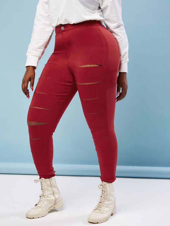 Pantalon Moulant Déchiré Coloré de Grande Taille - Rouge XL