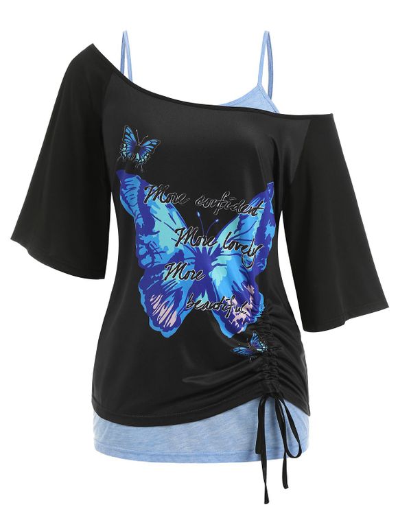 T-shirt à Imprimé Papillon de Grande Taille à Col Oblique et de Débardeur en Dentelle Deux Pièces - Noir L