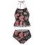 Maillot de Bain Tankini Fleur à Volants à Col Halter - Noir S