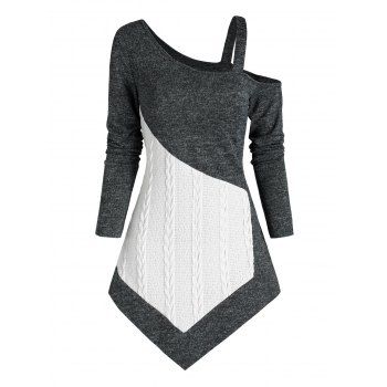 Two Tone Patchwork Skew Collar Sweater
