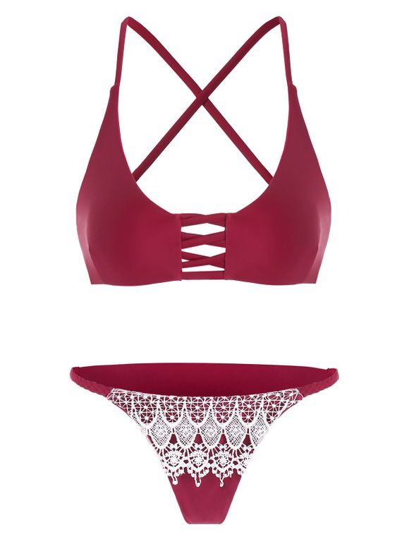 Bikini à fines bretelles en dentelle à fines bretelles - Rouge vineux XL