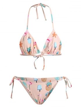 Petit Bikini avec Attaches sur le Côté Motif Tropical et Flamant Rose 