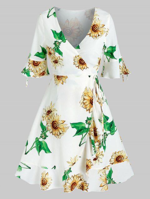 Bell Sleeve Low Cut Floral Print Wrap Dress