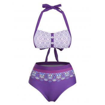 

Vintage Tribal Tummy Control Swimsuit Full Coverage Print Bikini Swimwear Set, Purple amethyst