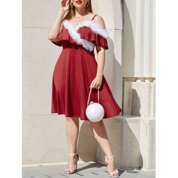 

Plus Size Faux Fur Flounce Open Shoulder Knit Dress, Lava red
