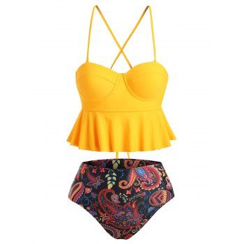

Lace-up Paisley Print Underwire Tankini Swimsuit, Yellow