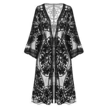 [50% OFF] 2024 Embroidered Sheer Kimono Cover Up In BLACK | DressLily