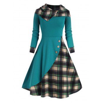 

Plaid Hooded Mock Button Overlap Midi Dress, Green