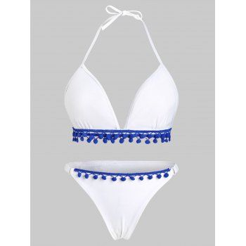 

Small Pom Pom Brim Halter Bikini, White