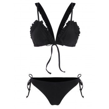 

Bowknot Pure Color Swimsuit Flounce Racerback Bikini Swimwear Set, Black