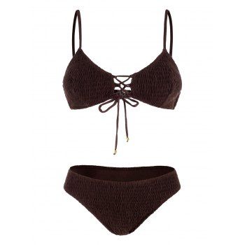 

Lace-up Shirred Bikini Swimsuit, Deep brown