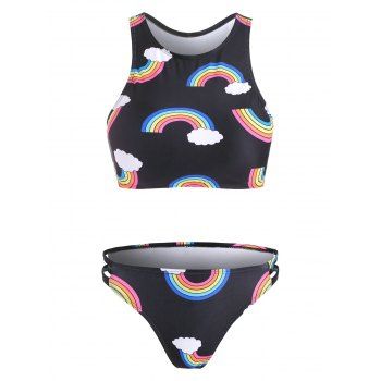 Low Waist Rainbow Print Bikini Set, Black