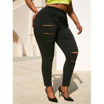

Colored Ladder Ripped Plus Size Skinny Pants, Black
