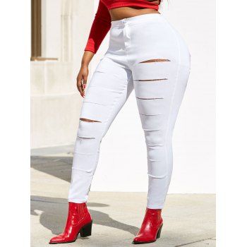 

Colored Ladder Ripped Plus Size Skinny Pants, White