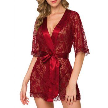 

Ribbon Trim Lace Robe Set, Deep red