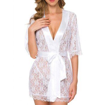 

Ribbon Trim Lace Robe Set, White