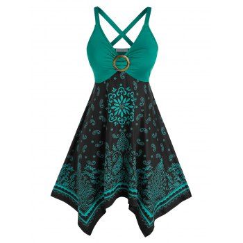 

Plus Size Crisscross Tribal Paisley Print Handkerchief Dress, Green