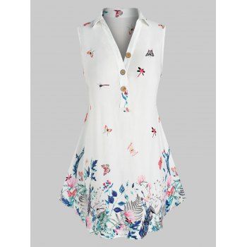 

Plus Size Butterfly Floral Print Sleeveless Blouse, White