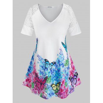 

Plus Size Lace Insert Floral Butterfly Print Tee, White