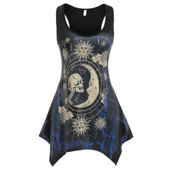 

Plus Size Sun Star Moon Skull Print Asymmetrical-hem Tank Top, Black