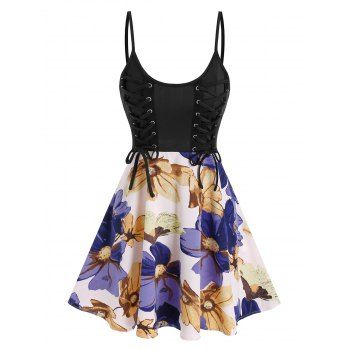 

Lace Up Floral Pattern Spaghetti Strap Cami Mini Dress, Multicolor