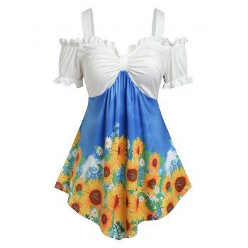 

Plus Size Ruffle Cold Shoulder Sunflower Print Tee, Multicolor