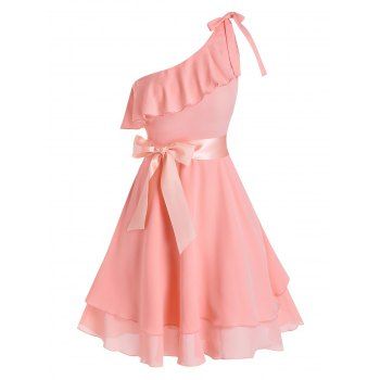 

Ribbon Bowknot One Shoulder Layered Dress, Light pink