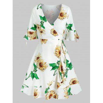 

Bell Sleeve Low Cut Floral Print Wrap Dress, White