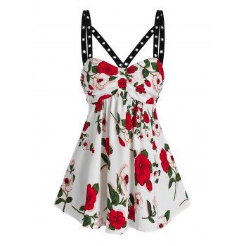 

Floral Print Grommet Detail Tank Top, White