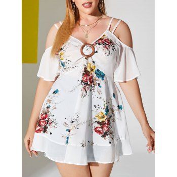 

Plus Size Floral Print O Ring Open Shoulder Blouse, White