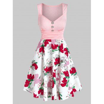 

Romantic Flower Print Ruched A Line Tank Dress, White