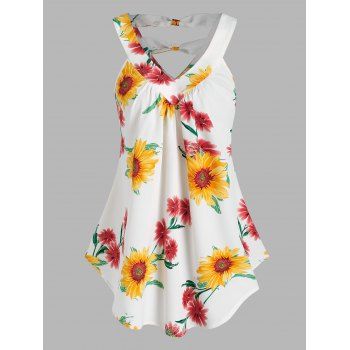 

Sunflower Print Double V Neck Tank Top, White