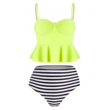 

High Waisted Striped Peplum Corset Style Tankini Set, Yellow