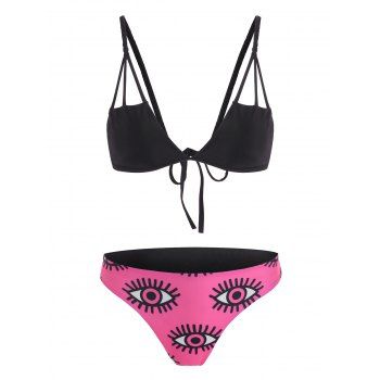 

Sexy Contrast Bikini Swimsuit Print High Cut Swimwear Set, Black / rose red
