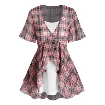 

Plunge Ruffle Plaid Top and Camisole Twinset, Light pink