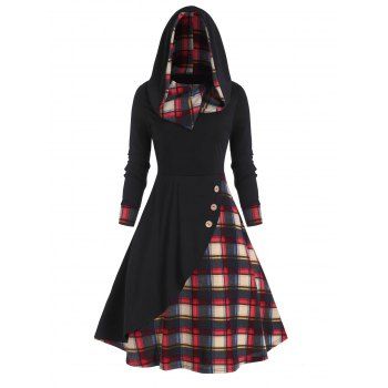 

Plaid Hooded Mock Button Overlap Midi Dress, Red