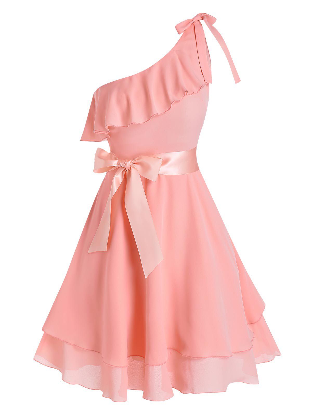 Chiffon A Line Mini Party Dress Ribbon Bowknot One Shoulder Ruffle Solid Color Layered Dress - LIGHT PINK XL