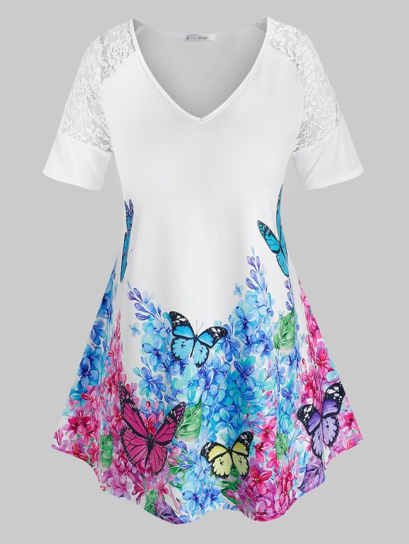 T-shirt Fleuri Papillon en Dentelle Insérée de Grande Taille - Blanc 5X