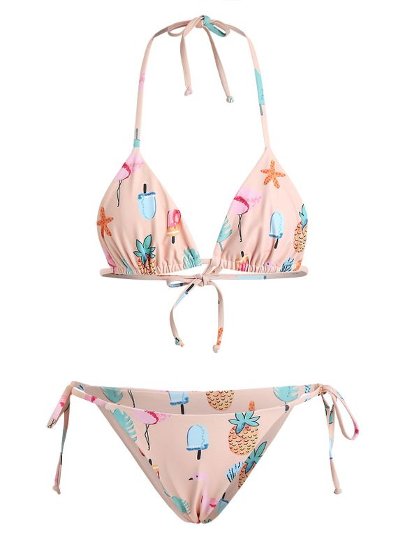 Petit Bikini avec Attaches sur le Côté Motif Tropical et Flamant Rose - Rose Abricot Clair S