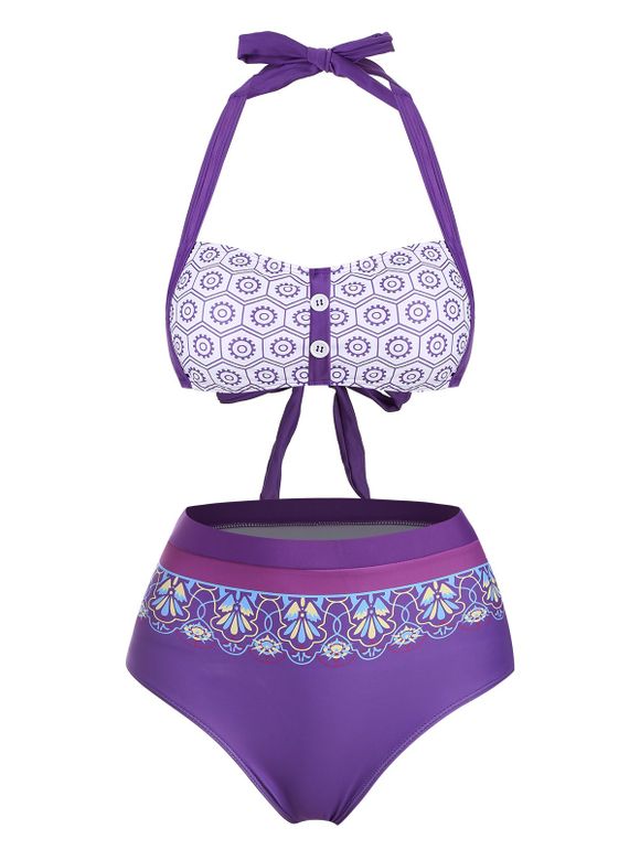 Maillot de Bain Bikini Imprimé Noué au Dos à Taille Haute - Violet Améthyste 2XL