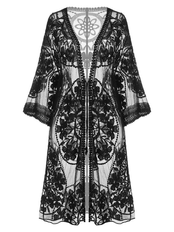 Couverture Kimono Brodé Tranparent à Lacet - Noir ONE SIZE