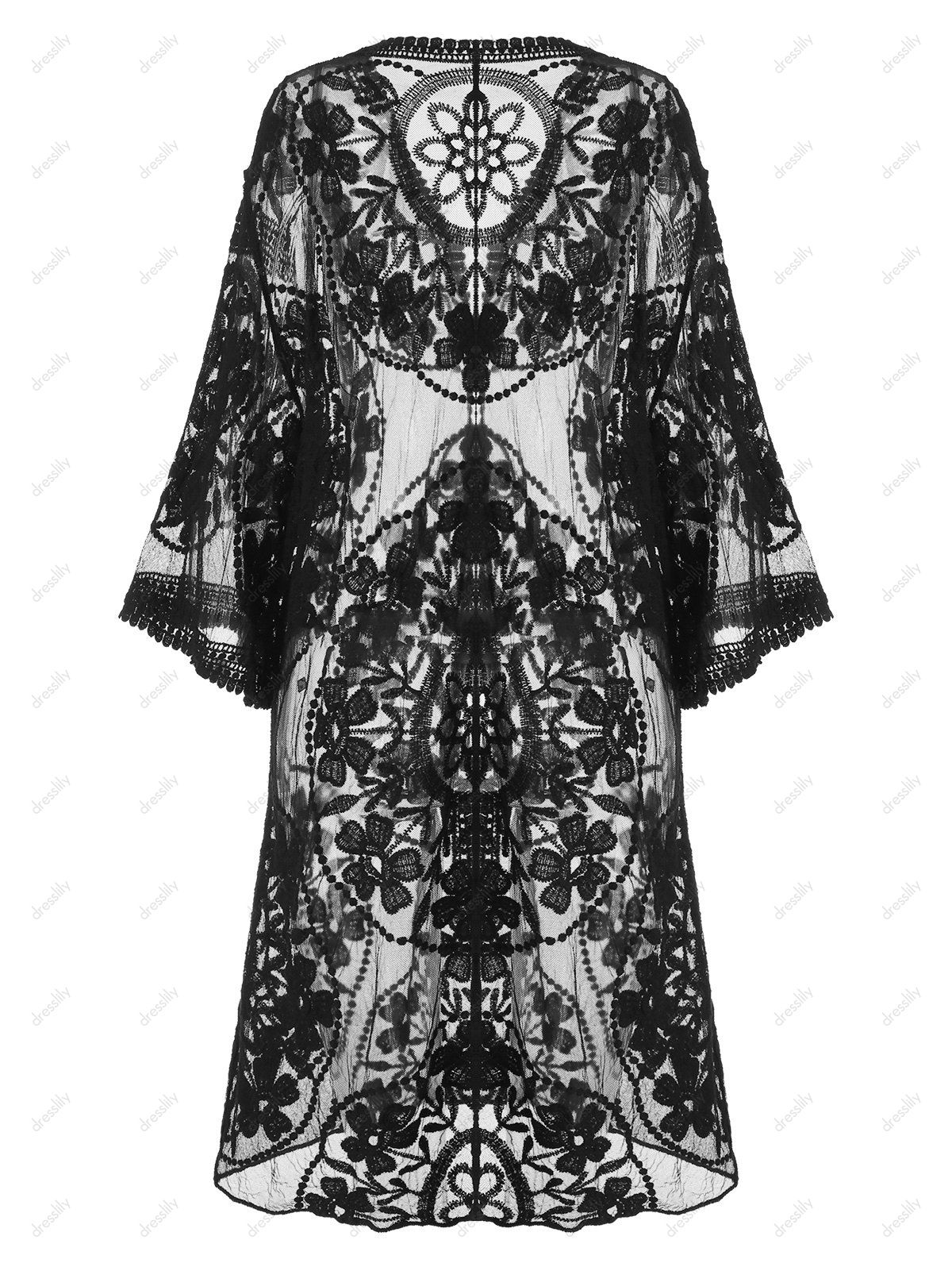 [29% OFF] 2021 Embroidered Sheer Kimono Cover Up In BLACK | DressLily