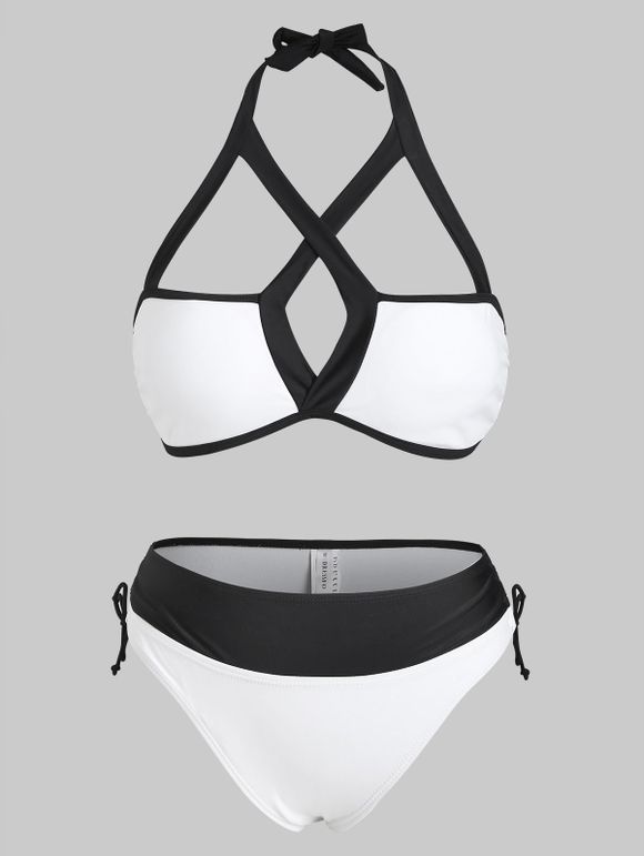 Maillot de Bain Bikini Contrasté à Lacets à Col Halter - Blanc 3XL