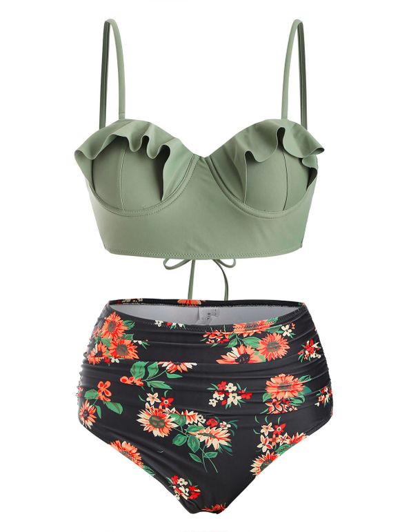 Maillot de Bain Bikini Fleuri à Lacets à Volants - Vert Camouflage S