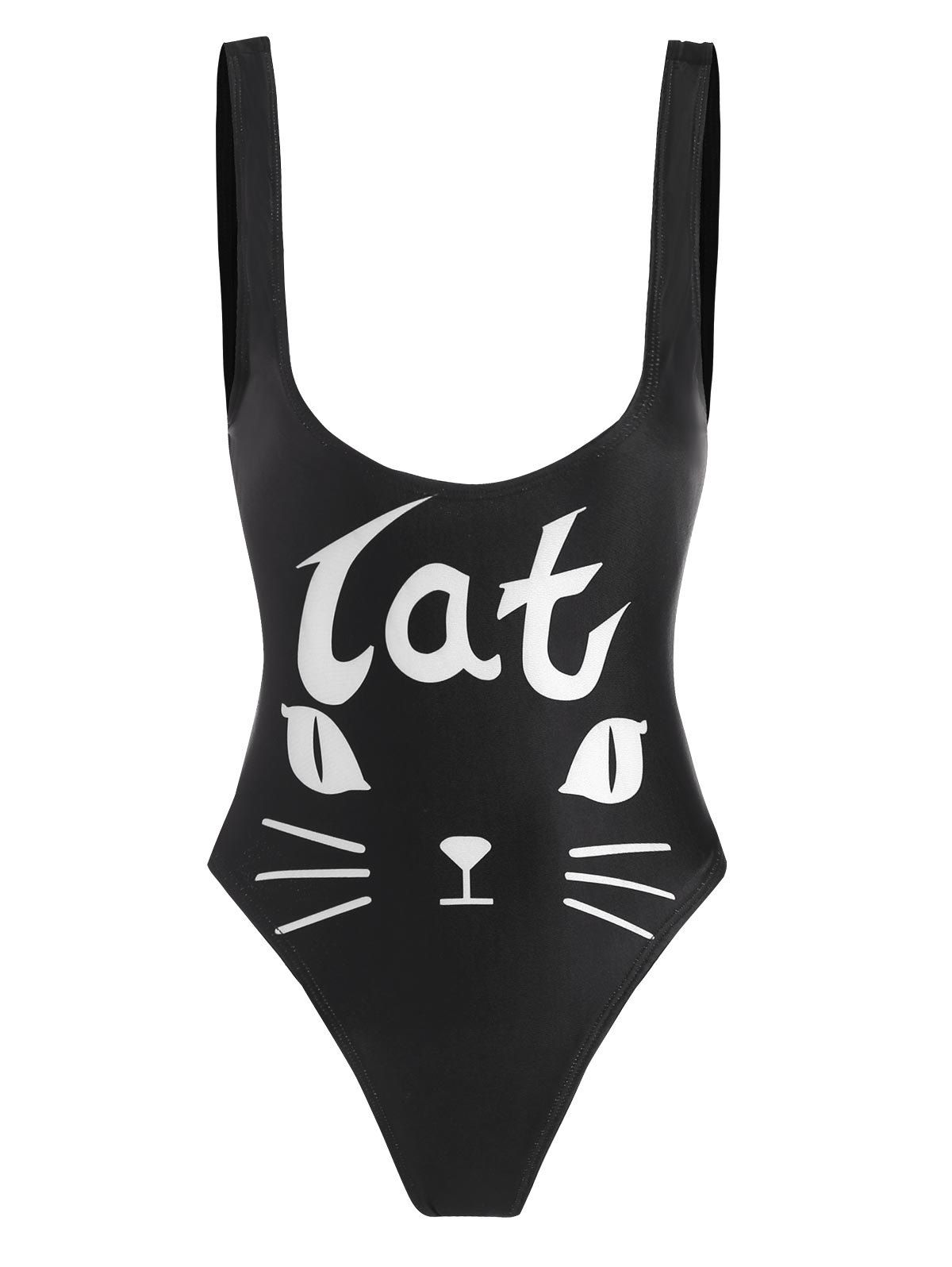 [62% OFF] 2021 Cat Face U Neck Swimwear In BLACK | DressLily