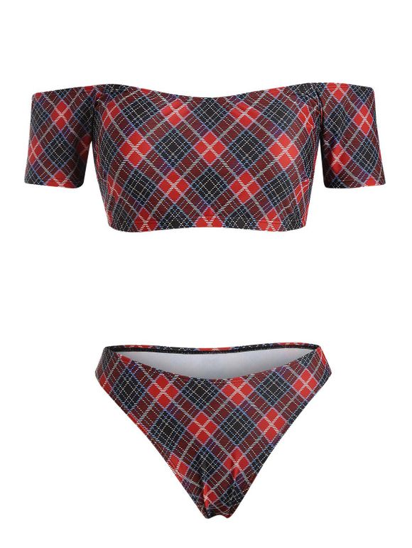 Maillot de Bain Bikini à Épaules Dénudées Motif à Carreaux - Rouge 2XL