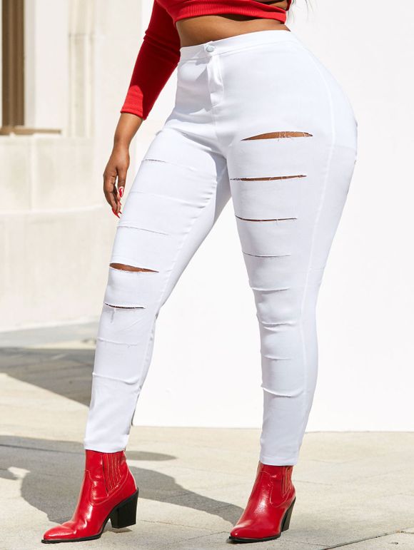 Pantalon Moulant Déchiré Coloré de Grande Taille - Blanc XL