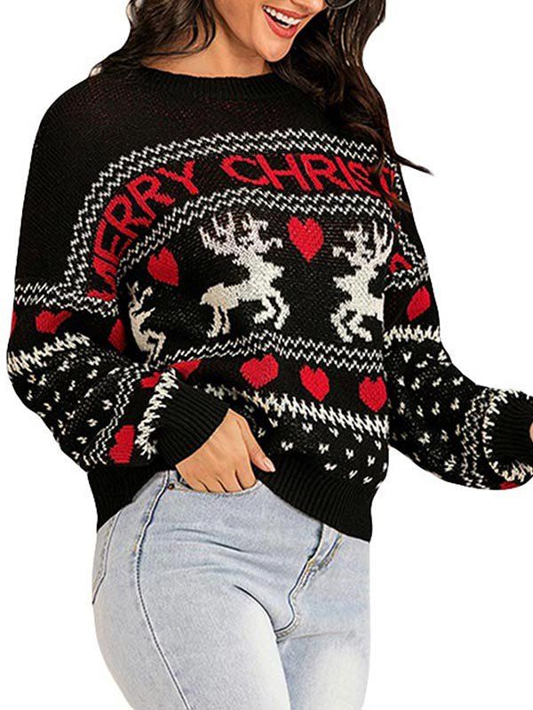 Merry Christmas Heart Elk Drop Shoulder Sweater - BLACK XL